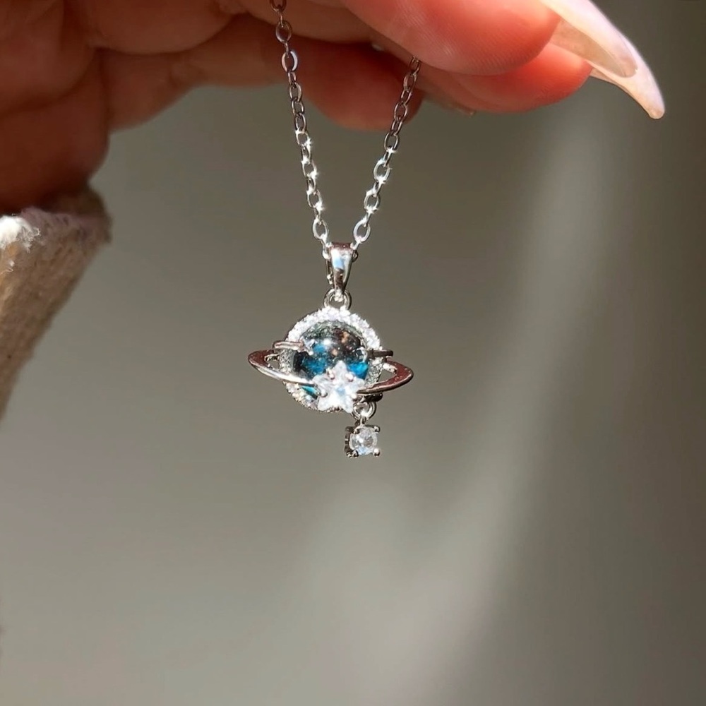Y2K Blue Planet Star Pendant Necklace White Gold Plated Stainless Steel Jewelry - Picture 3 of 8